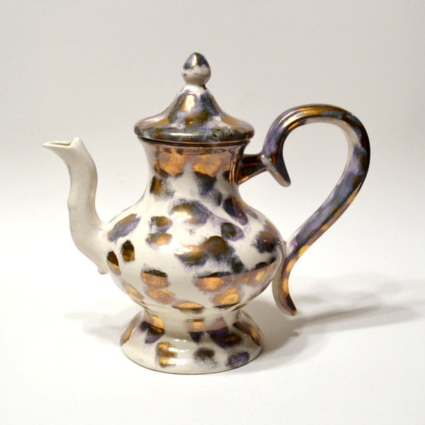 Vintage Leopard Spotted Teapot Silver Gold Abstract Pattern Handmade Ceramics Unmarked Tea Pot Collection PanchosPorch