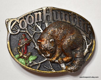 Vintage Coon Huntin Belt Buckle Brass Enamel 1985 Sportsman Hunter Gift Mens Accessory Country Western Great American PanchosPorch