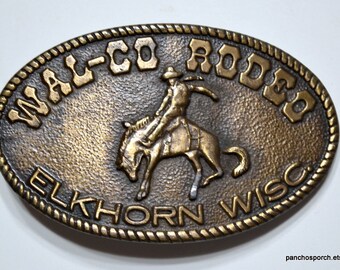 Vintage Wal Co Rodeo Belt Buckle Elkhorn Wisconsin Brass Western Cowboy Buckle 1978 Elkhorn Lions Club Mens Accessory RARE PanchosPorch