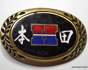 Vintage Belt Buckle Letter H Red White Blue Japanese Characters 1990s Brass Enamel Buckle Western Cowboy Mens Accessory PanchosPorch
