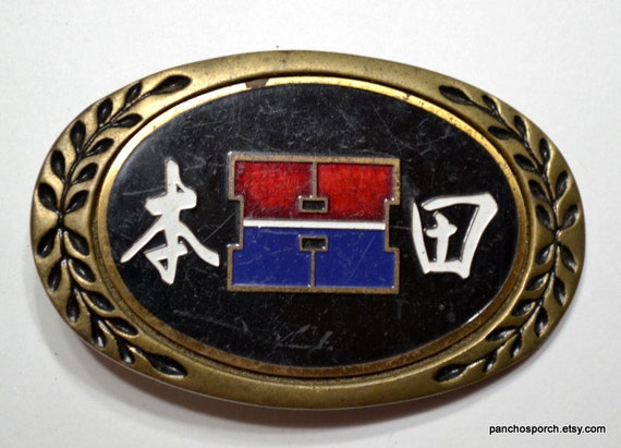 Vintage Belt Buckle Letter H Red White Blue Japanese Characters 1990s Brass Enamel Buckle Western Cowboy Mens Accessory PanchosPorch