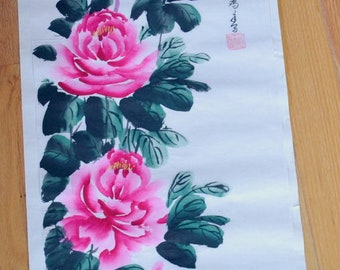 Vintage Asian Rice Paper Watercolor Painting Pink Peonies Original Signed 27 x 13 Nature Theme Ready to Frame Wall Decor Panchosporch