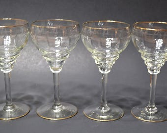 Vintage Cocktail Glass Set of 4 Clear Cut Glass Gold Rims Art Deco Barware