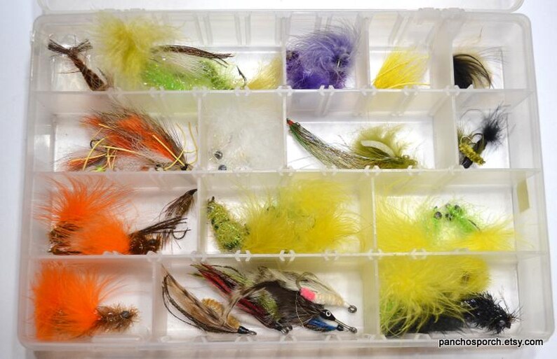 May include: A clear plastic tackle box filled with various colorful fishing flies. The flies feature vibrant feathers in shades of yellow, orange, green, and purple, with intricate designs and hooks. The box is divided into multiple compartments.