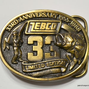 Vintage Zebco 33 Belt Buckle 1988 Anniversary Edition Fishing Sportsman Brass Buckle Western Mens Accessory PanchosPorch image 1