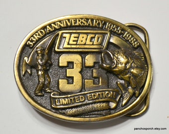 Vintage Zebco 33 Belt Buckle 1988 Anniversary Edition Fishing Sportsman Brass Buckle Western Mens Accessory PanchosPorch