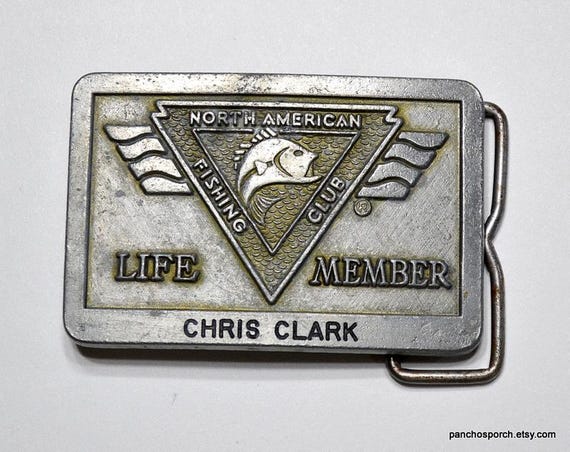 Vintage North American Fishing Club Belt Buckle: Worn Silver Metal Accessory