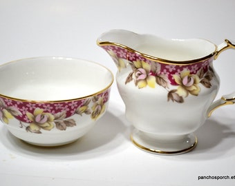 Vintage Arklow Elegance Open Sugar Bowl Creamer Set Pink Border Floral Rose Gold Trim Bone China Ireland Tea Party PanchosPorch