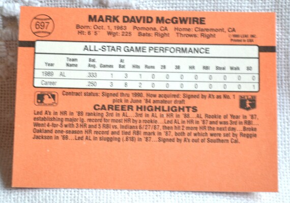 MARK MCGWIRE 697 Baseball Card 1990 Donruss Trading Card