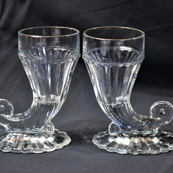 Vintage Jeanette Cornucopia Glass Set of 2 Gold Rim Dessert Ice Cream Cup Dish Flower Vase Retro Glassware PanchosPorch