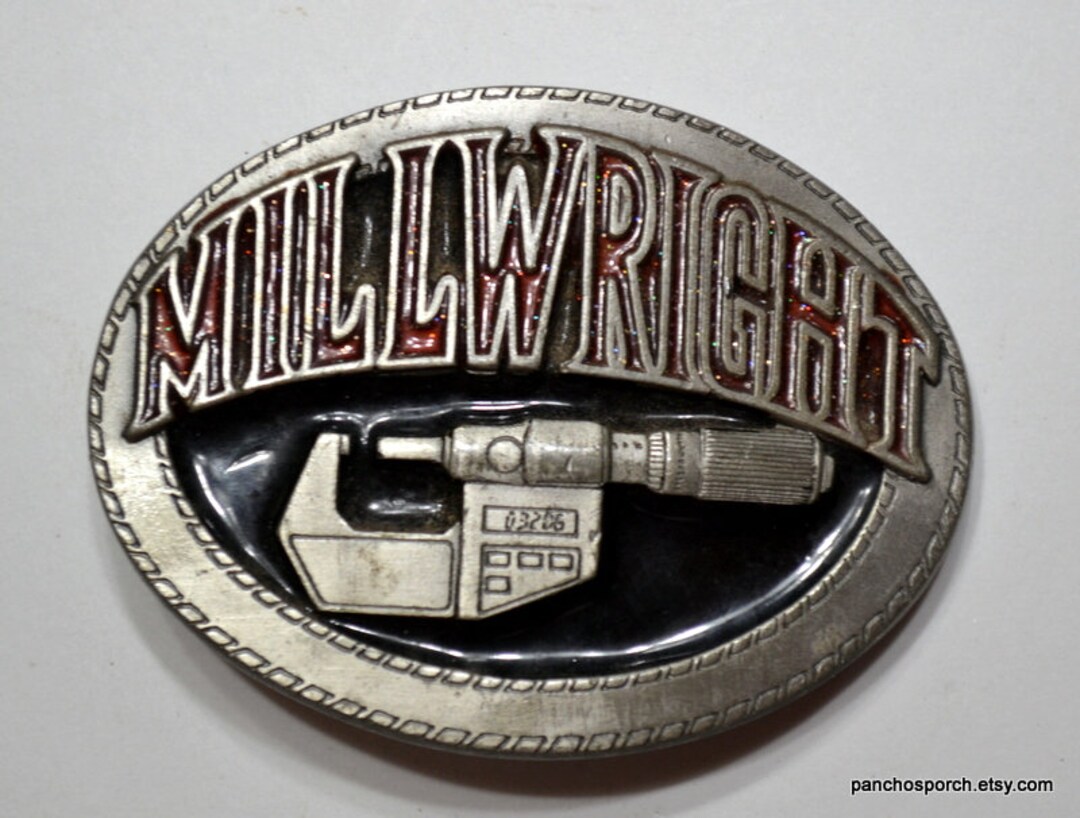 Vintage MILLWRIGHT Belt Buckle Pewter Micrometer Caliper Machinist 1997