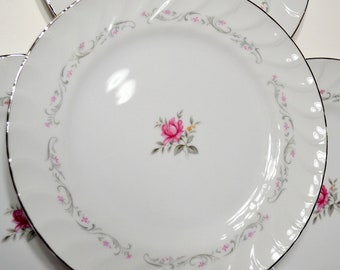 Vintage Royal Swirl Dinner Plate Set of 4 Pink Rose Flowers Gray Scrolls Fine China of Japan PanchosPorch