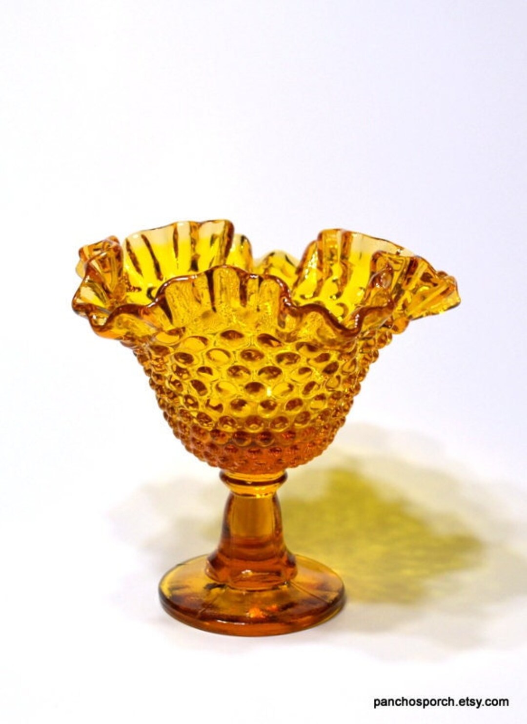 Vintage Amber Glass Pedestal Bowl Hobnail Pattern Crimp Rim Etsy