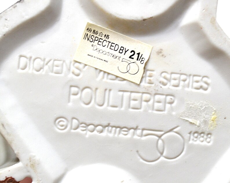 May include: Close-up of a white ceramic piece with embossed text: "DICKENS VILLAGE SERIES POULTERER." A sticker reads "INSPECTED BY 21/8." The piece is marked with "Department 56" and the year 1988.