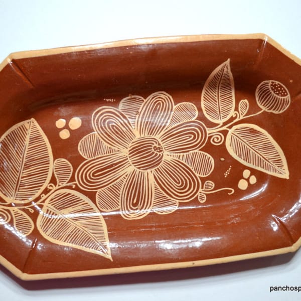 Vintage MEXICAN REDWARE Pottery Tray Daisy Flower Folk Art Slipware Floral Serving Platter Dish Rustic Kitchen Decor PanchosPorch