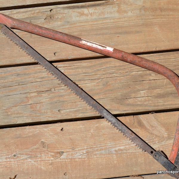 Vintage Bow Saw Rusty Metal Yard Garden Hand Saw Worn Orange Weathered Worn Rustic Wall Decor Man Cave Porch Garage Steampunk PanchosPorch