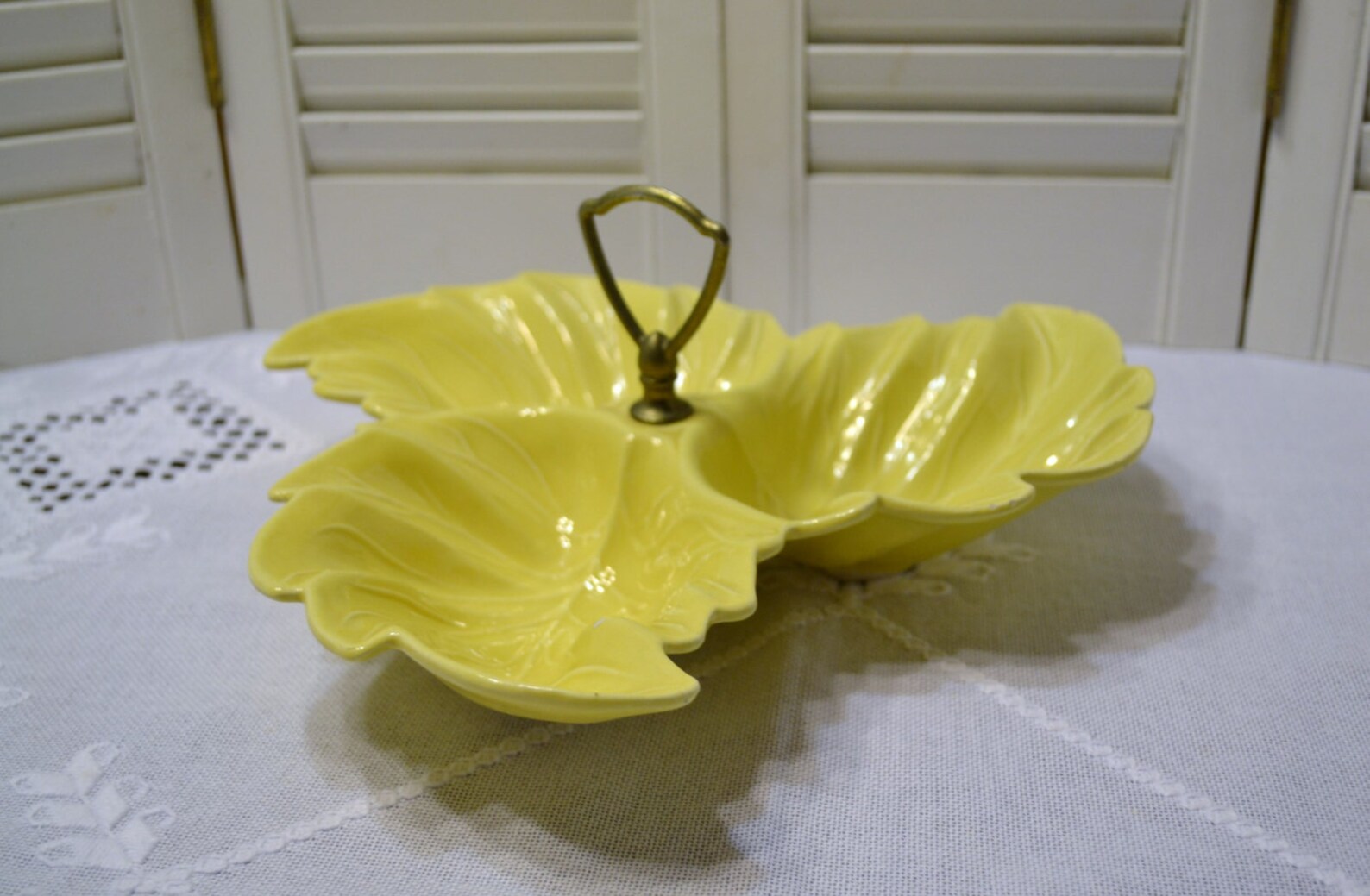 Vintage USA Pottery Yellow Nut Candy Dish Leaf Pattern Etsy