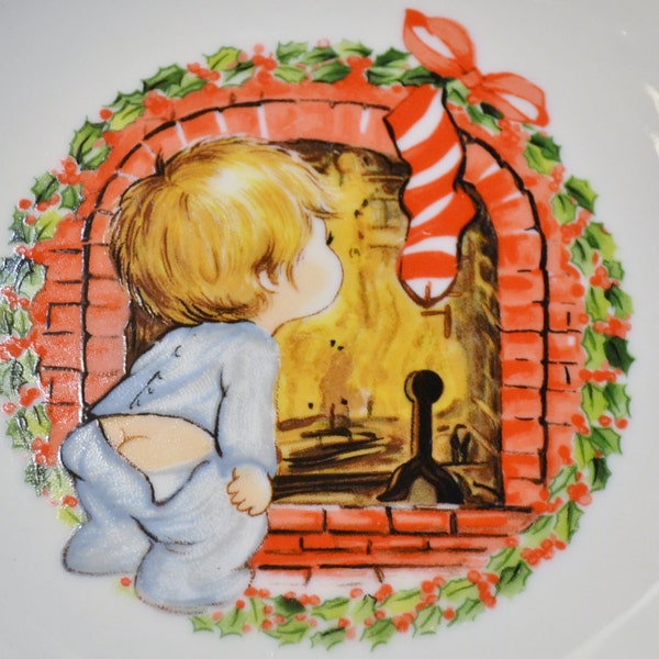 Vintage Jasco Christmas Decorative Plate Boy by Fireplace Waiting for Santa Claus 1982 CLEARANCE SALE PanchosPorch