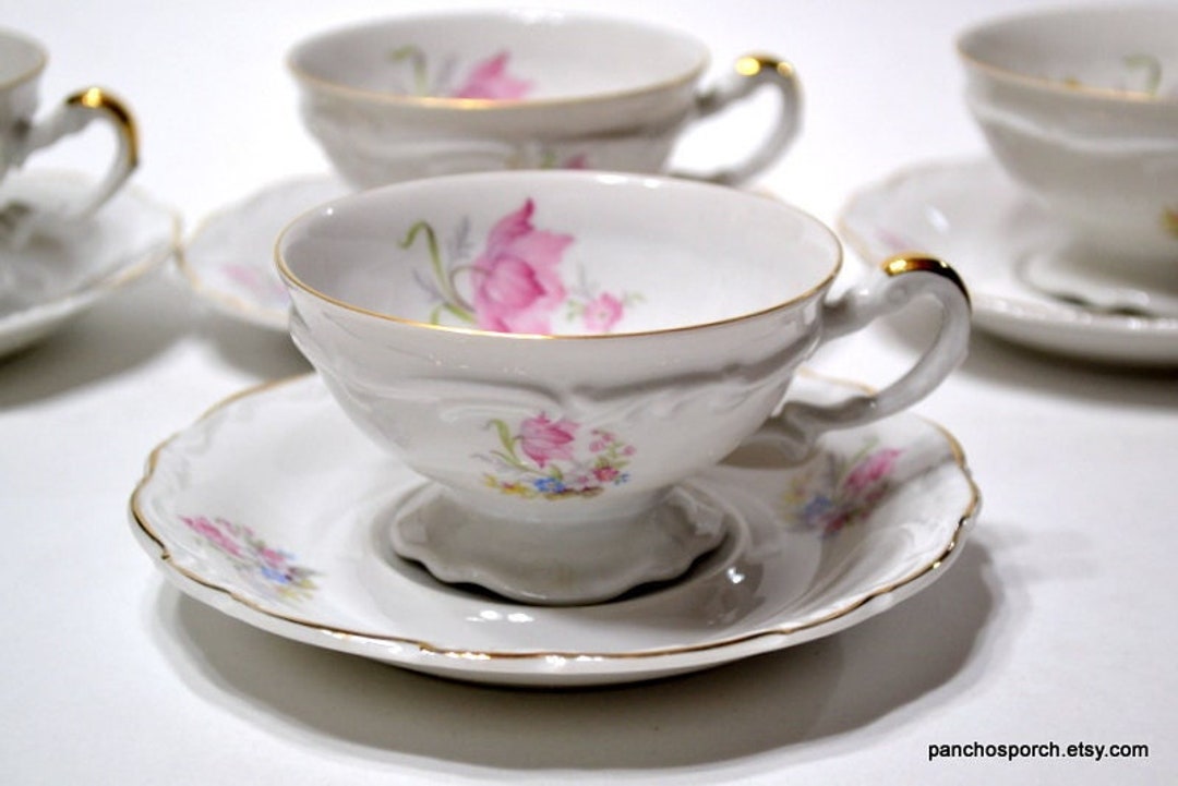Vintage Hertel Jacob Floral Cup and Saucer Set of 4: Bavaria Gold Trim ...