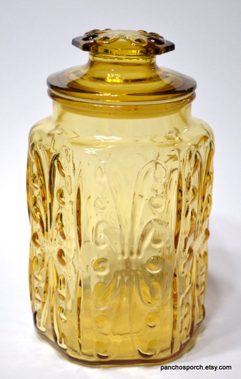 Vintage Amber Glass Canister With Lid Scroll Pattern Federal Etsy