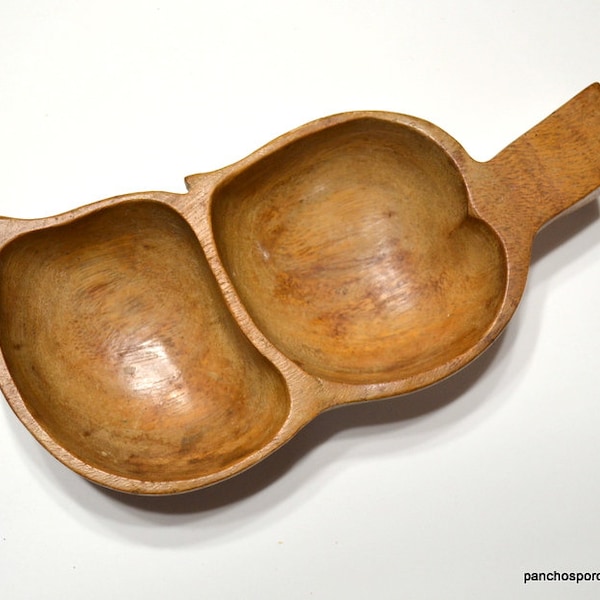 Vintage Monkey Pod Wood Divided Bowl Leaf Shaped Nut Candy Dish Medium Brown Wooden Bowl Panchosporch
