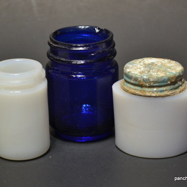 Vintage Glass Jar Set of 3 Small CHIPPED Cobalt Blue White Milk Glass Vicks Ponds Glass Collection PanchosPorch