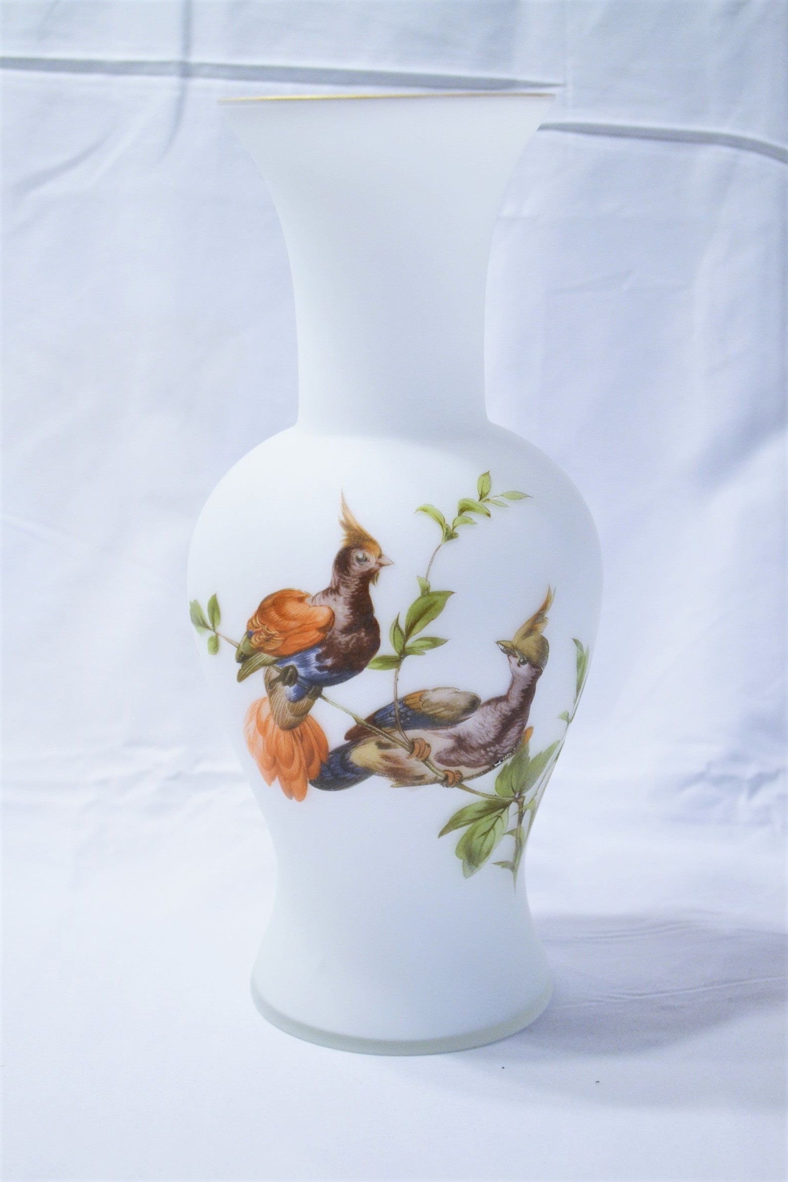 Vintage White Frosted Glass Vase Bird Pair Couple Satin Cased Etsy