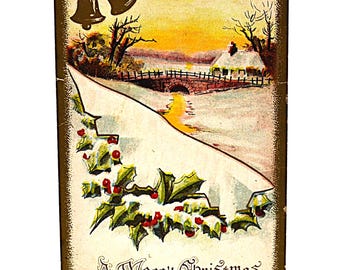 Vintage 1911 Christmas Postcard: Holly Bells Holiday Greetings