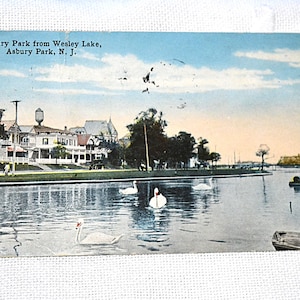 Carte postale vintage ASBURY PARK New Jersey Wesley Lake Swans Beach Resort 1917 Americana carte postale souvenirs papier éphémères PanchosPorch