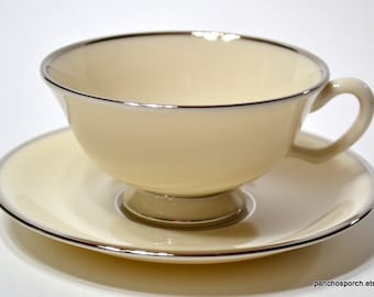 Vintage LENOX MONTCLAIR Cup and Saucer Creamy White Platinum Trim Elegant Dinnerware Classic Wedding China USA PanchosPorch