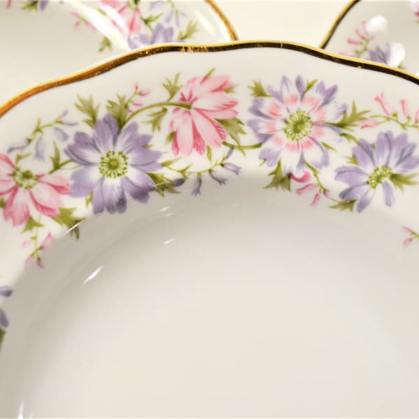 Vintage Favolina Roulette Soup Bowl Set of 6 Pink Purple Floral Gold Rim Made in Poland PanchosPorch