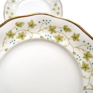 May include: A white porcelain plate with a scalloped edge and a gold-trimmed rim. The border features a delicate pattern of light green ivy leaves and small teal berries on thin, winding vines. A second matching plate is visible in the background.