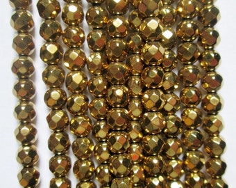 4 mm Faceted Hematite Round Beads 4 mm, Gold Hematite - Full Strand 15 1/2", 100 beads, AA Quality