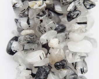 Genuine Black Rutilated Quartz Chips, size beads approx. 7-8 mm, long strand (36 inch).