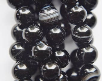 Natural Black Banded Agate Beads - Round 8 mm Gemstone Beads - Full Strand 15 1/2", 48 beads, A Quality