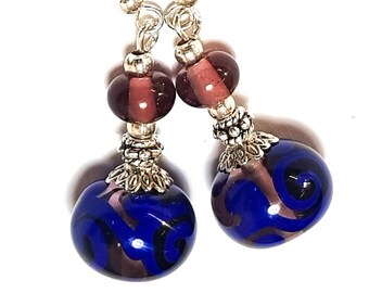 Long Blue & Purple Silver Plated Lampwork Glass Bead Earrings Pierced or Clip-On