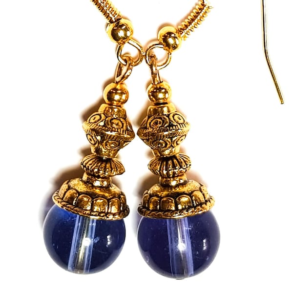 Gold Violet Purple Glass Bead Earrings Pierced Hooks, Leverbacks or Clip-On Non-Pierced Statement Chic