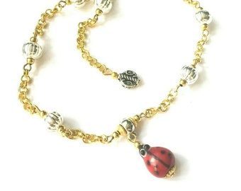 Red Ladybird Glass Bead Silver & Gold Plated Chain Anklet Ankle Bracelet Foot Jewellery