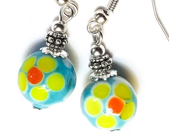 Silver Plated Turquoise Yellow & Orange Lampwork Glass Flower Bead Earrings Pierced or Clip-On