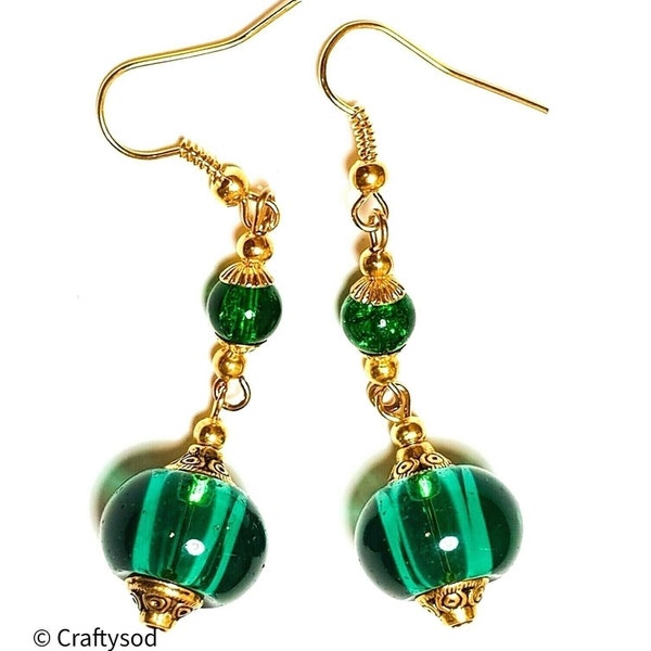 Gold Emerald Green Glass Bead Earrings Pierced Hooks, Leverbacks or Clip-On Non-Pierced Gypsy Boho