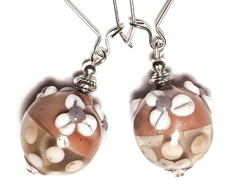 Long Handmade Silver & Pink Flower Dot Lampwork Glass Bead Earrings