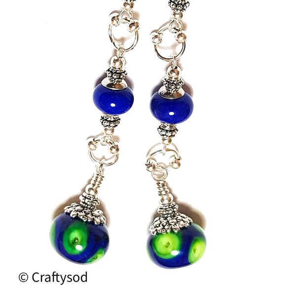 Very Long Silver Green & Blue Earrings - Choice of Fittings For Pierced or Non-Pierced