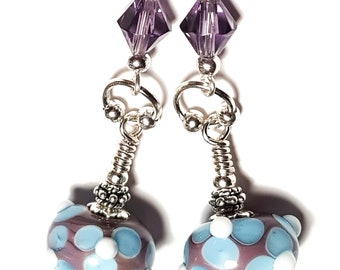 Silver Purple & Blue Lampwork Glass Flower Bead Earrings Pierced or Clip-On 3 Choices