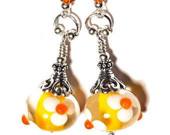 Silver Orange Yellow & White Daisy Flower Lampwork Glass Bead Earrings Pierced or Clip-On 3 Choices