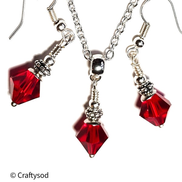 Silver Ruby Red Necklace & Earring Set Wedding Prom Special Occasion Classy