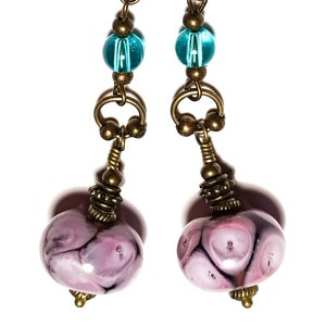 Bronze Turquoise Pink Handmade Lampwork Glass Flower Bead Earrings Pierced Hooks Leverbacks or Clip-On Non-Pierced