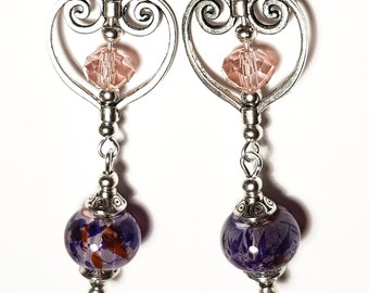 Long Silver Purple Pink Marbled Glass Bead Heart Earrings Pierced or Clip-On 3 Choices