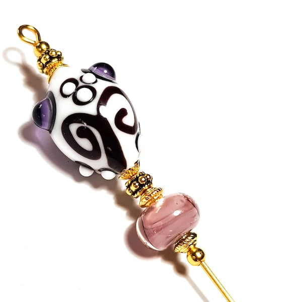 5" Gold White Black Purple Hat Pin, Handmade Lampwork Glass Bead - With End Protector
