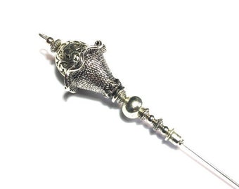 6" Filigree Bead Hat Pin Vintage Tibetan Antique Silver Style - With Pin Protector