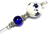 Silver Blue Chinese porcelain Bead Antique Vintage Style Hatpin 5 quot Strong Pin Protector